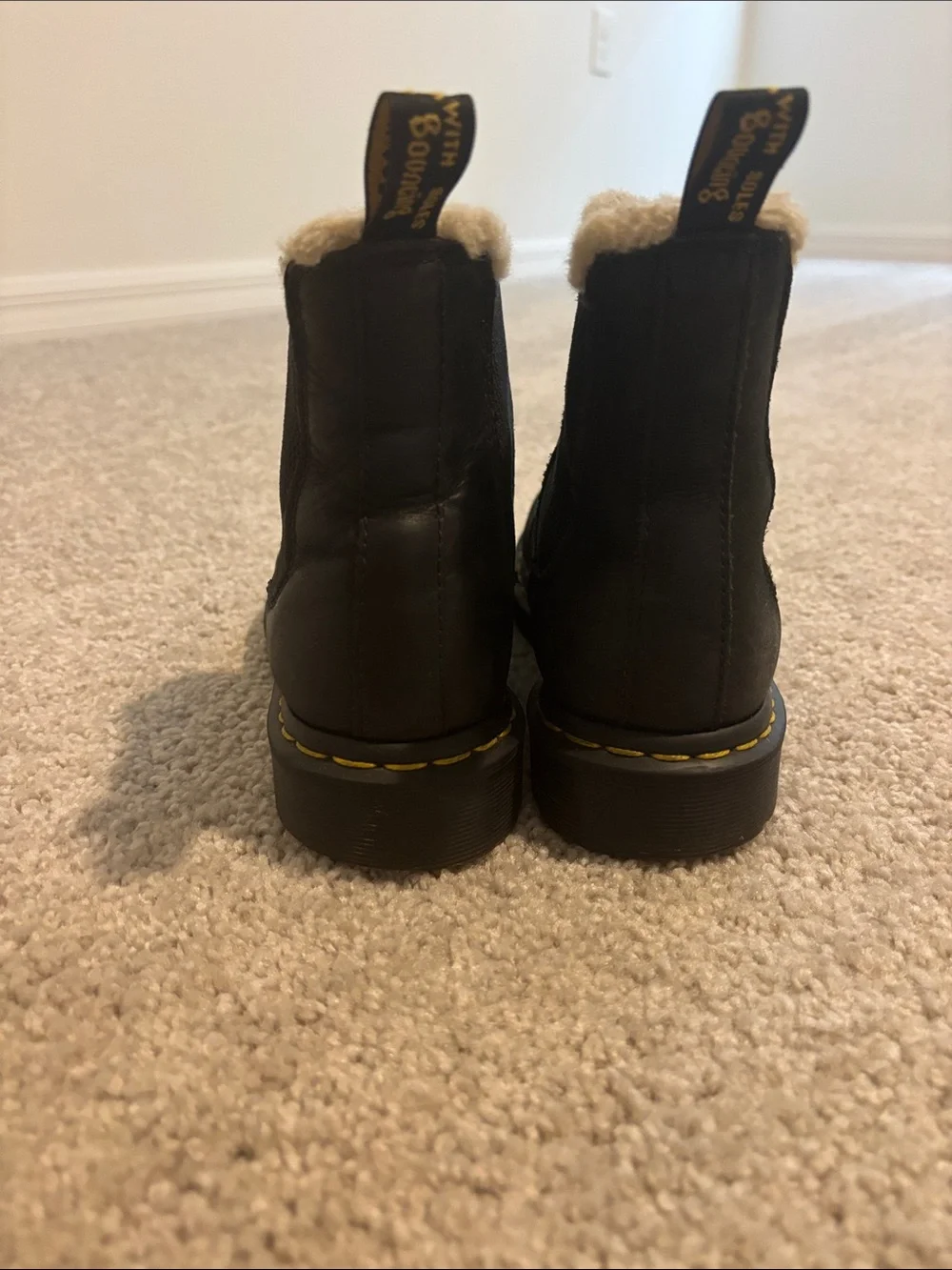 Dr. Martens Black Leather Shearling Chelsea Boots with Yellow Stitching